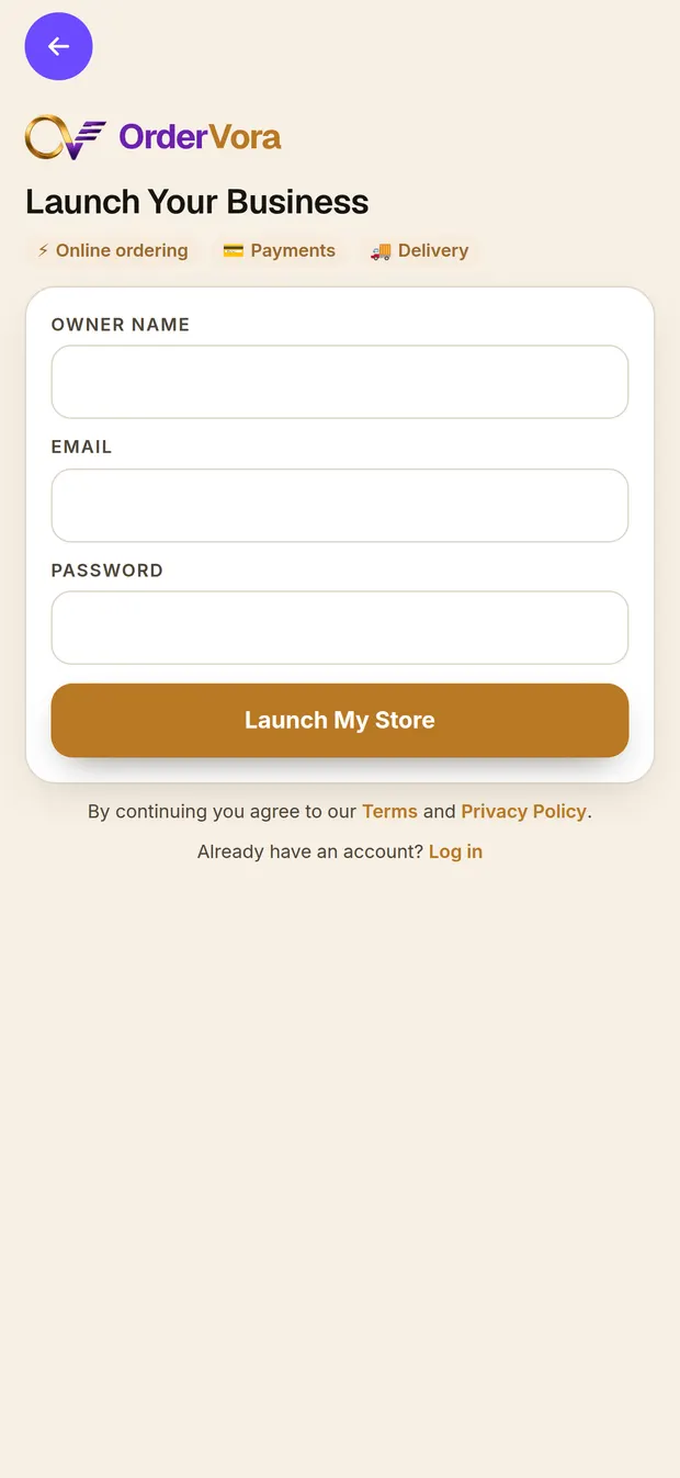 The OrderVora sign-up page: owner name, email and password, with a Create business account button